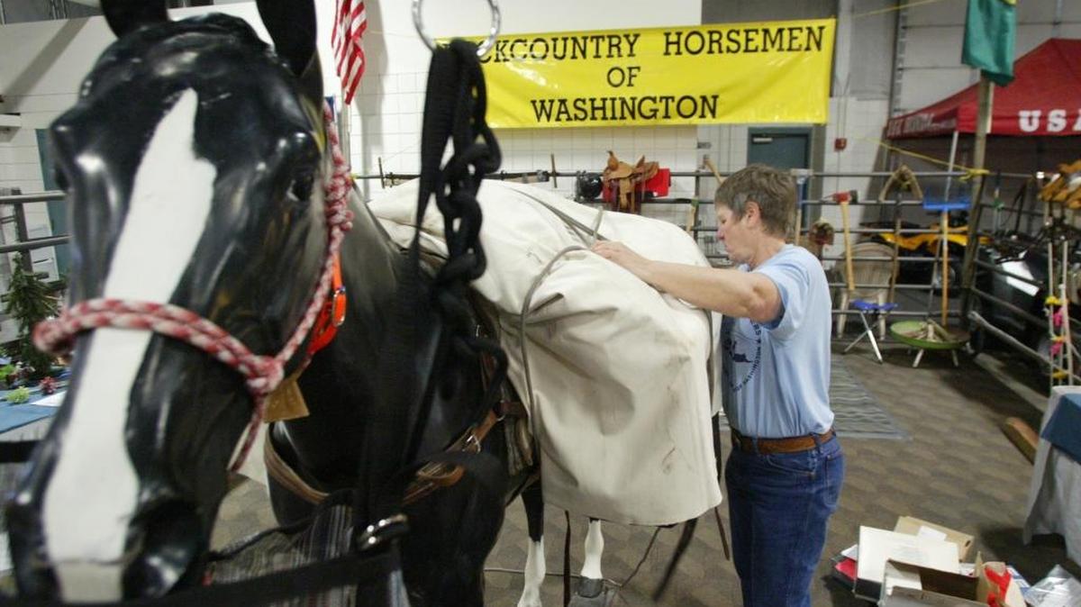 Jeanie Chappel of Benton City, a member of the Rattlesnake Ridge Riders Chapter of the Backcountry Horsemen of Washington, adjusts a lash rope in this file photo for the group’s display at annual Tri-Cities Sportsmen Show at TRAC in Pasco.