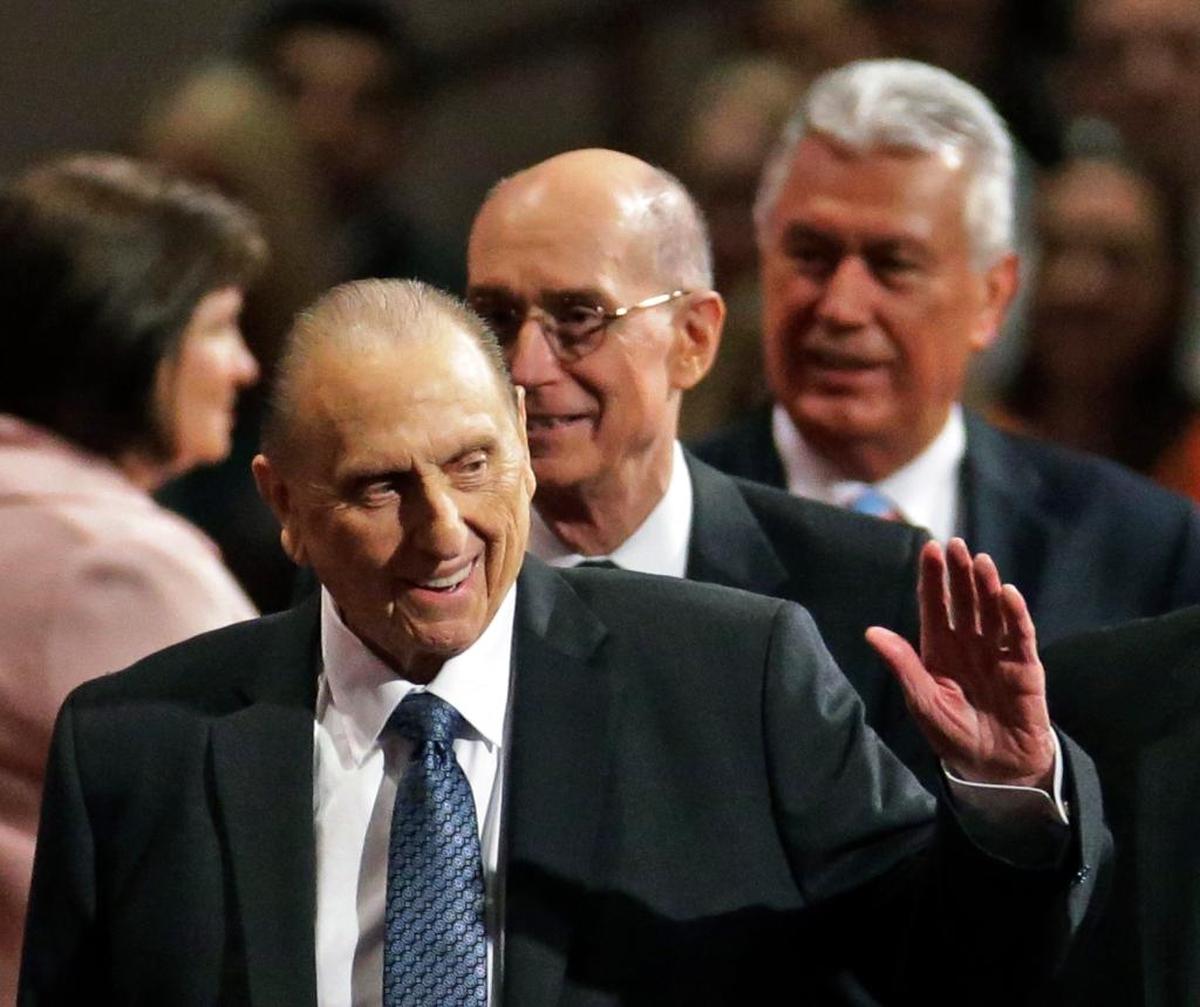 In this 2015 file photo, Thomas S. Monson, of The Church of Jesus Christ of Latter-day Saints, waves to the audience during the opening session of the Mormon church conference in Salt Lake City.