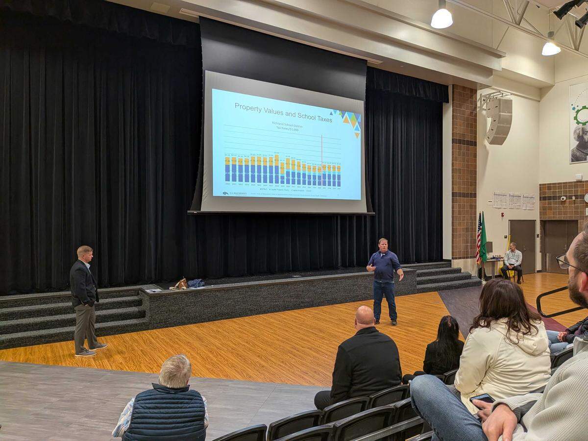 Travis Belisle, Richland School District’s executive director of financial services, left, and school board member Dan Evans, right, present information on property tax rates during a sparsely attended levy town hall hosted Dec. 2. It’s one of several the school district is hosting in the lead up to the Feb. 10 special election.