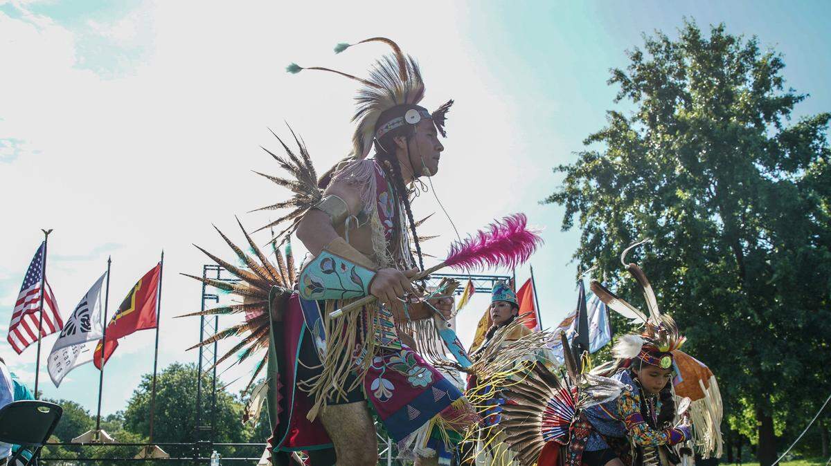 WASHINGTON, DC - JULY 14:  Dancers perform during the Salmon Orca Summit IV on the grounds of the US Capitol on July 14, 2022 in Washington, DC. (Photo by Jemal Countess/Getty Images for Nez Perce Tribe)