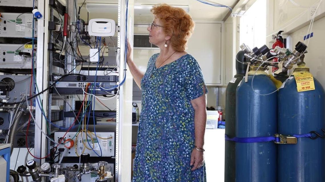Robin Priddy, executive director of the Benton Clean Air Agency, looks at some of the ozone measuring instruments at Washington State University’s Mobile Atmospheric Chemistry Lab in Kennewick. Air quality specialists have been surprised to find ozone readings in the Tri-Cities are nearly as high as those downwind of Seattle. See a video at www.tricityherald.com/video.