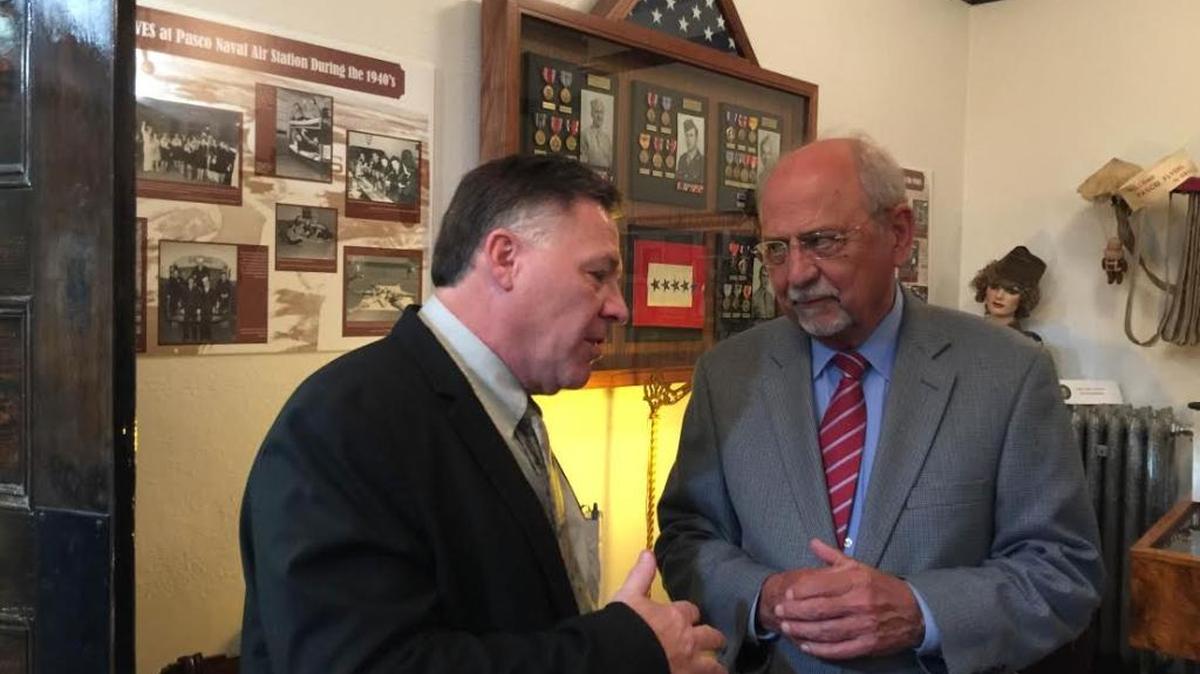 
Former Rep. Doc Hastings, R-Pasco, right, talks with Franklin County Commissioner Rick Miller before a Thursday ceremony at the Franklin County Historical Museum.
