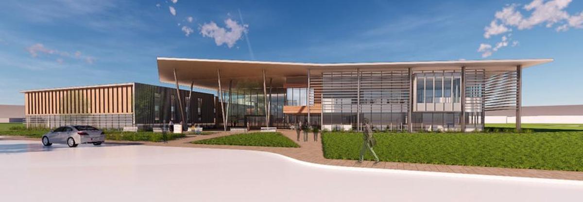An artist rendering of the Energy Sciences Capability (created by Harvey Cleary Builders and Kirksey Architecture). Expected to be over 110,000 sq. ft. and house 175 engineers, researchers, scientists, and support staff focused on advancing chemistry, material science, and computing. Constructed is currently scheduled for early 2020.