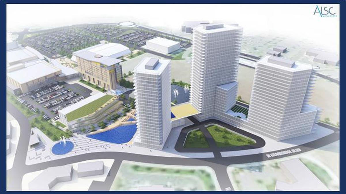 The Public Private Partnership picture depicts the proposed new development to expand the Three Rivers Convention Center with a performing arts theater, new convention hotel, retail space, residential towers and public spaces.