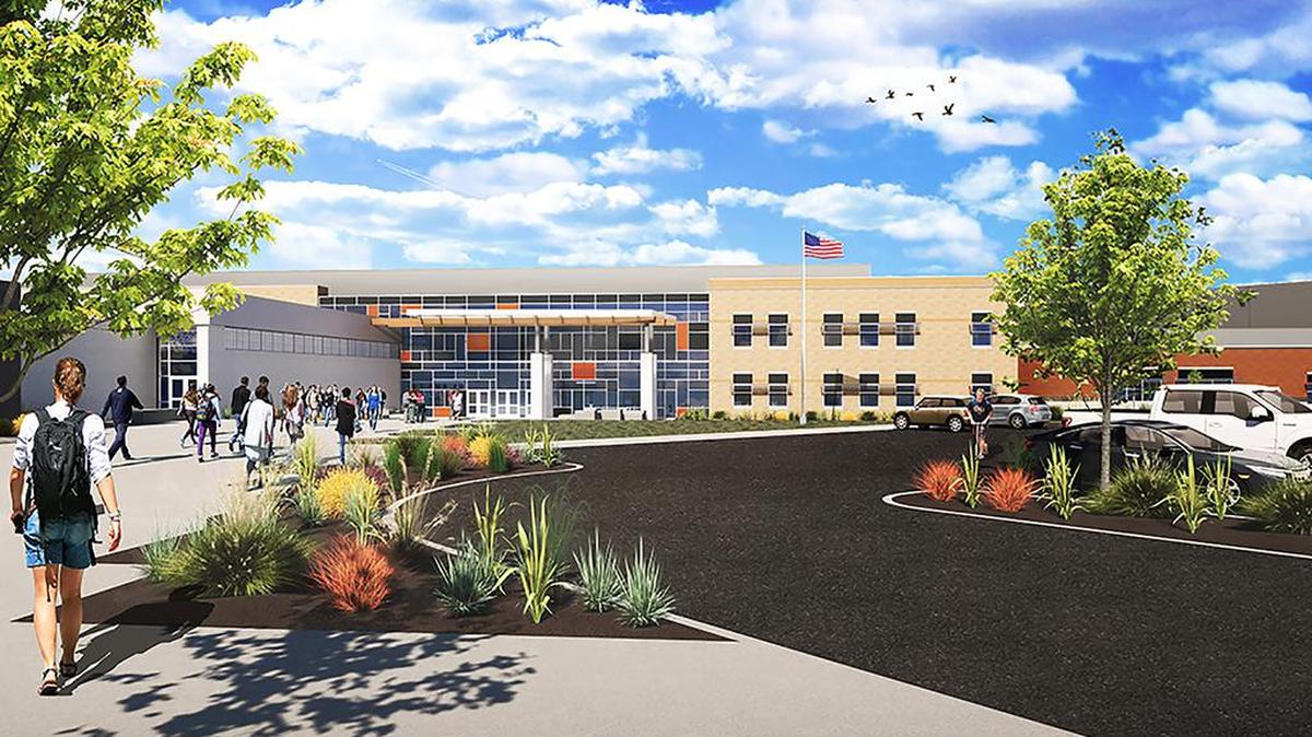 Rendering of the front of the new Kennewick High School, which is under construction now and will open in August 2021.