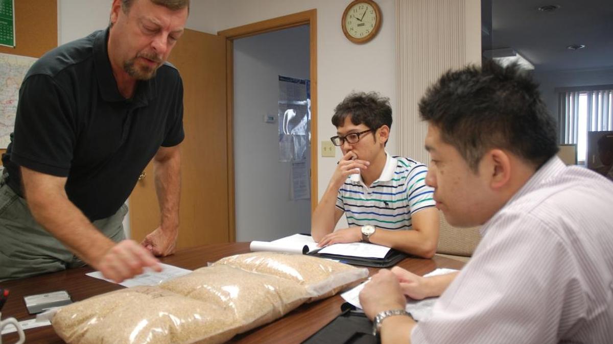 Pearson Burke at the Odessa Union Warehouse provides 2015 grain samples to a team from Nisshin, the largest miller in Japan.