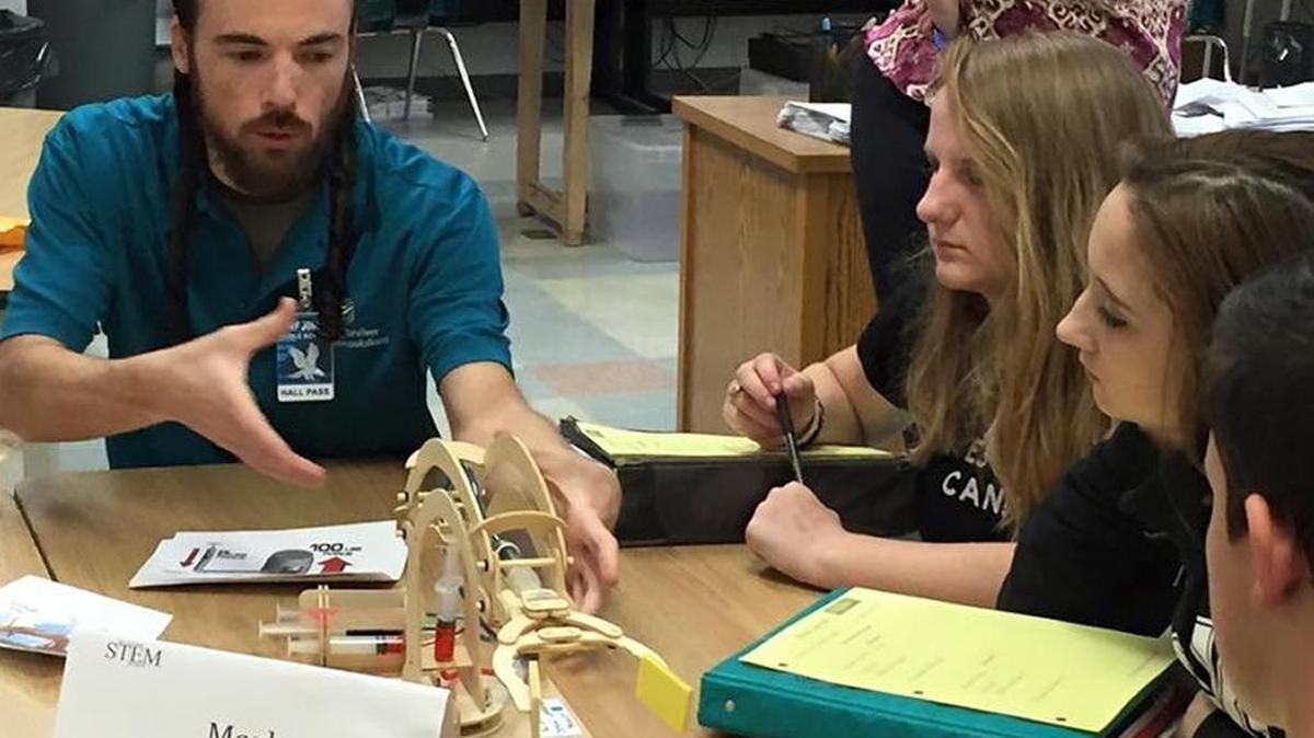 STEM Like ME! volunteer, Mark Haag, Washington River Protections Solutions, demonstrates STEM skills at Chief Jo Middle School in Richland.