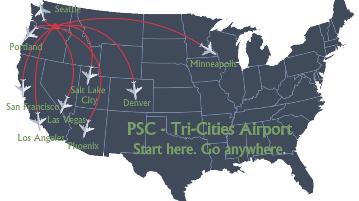 A flight map shows where you can go from the Tri-Cities Airport.