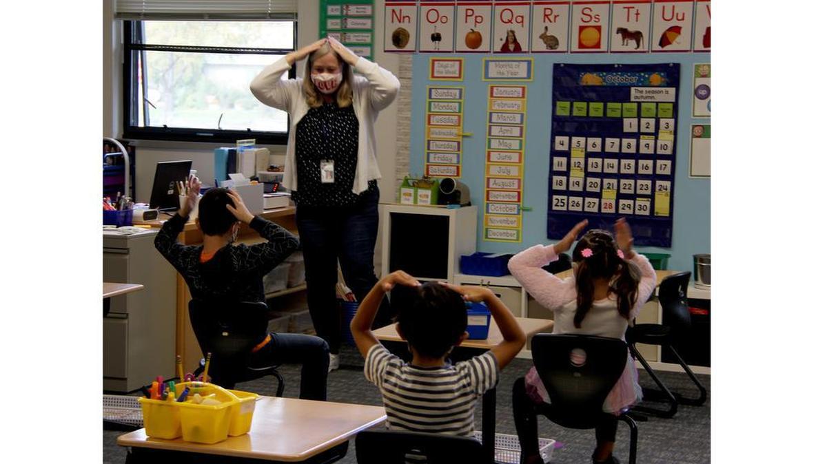 Kindergarten students engage in in-person learning at Sacajawea Elementary.