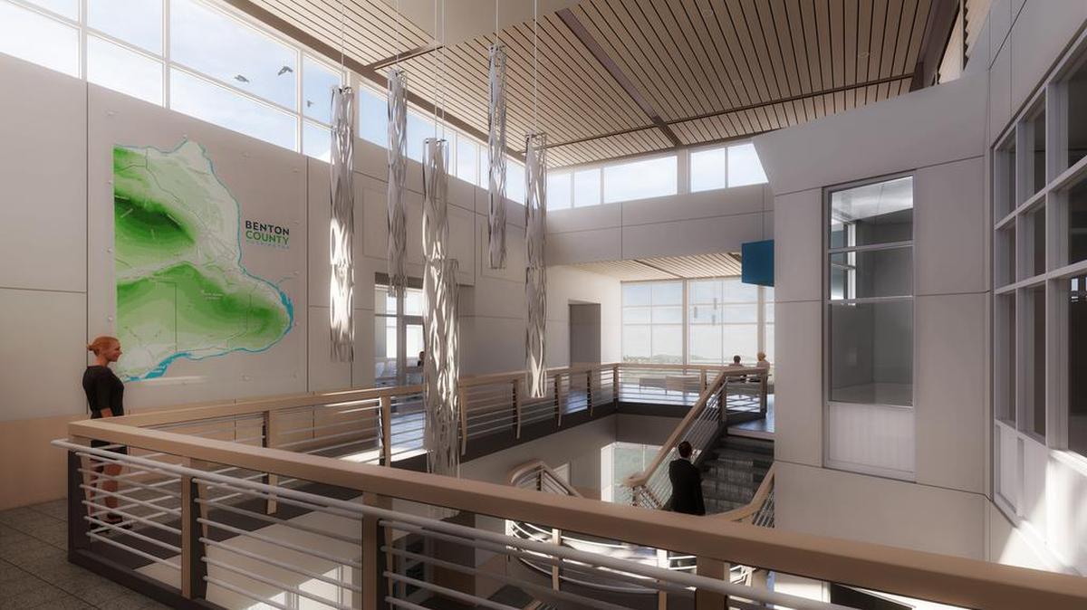 Benton County Administration Building interior atrium rendering.