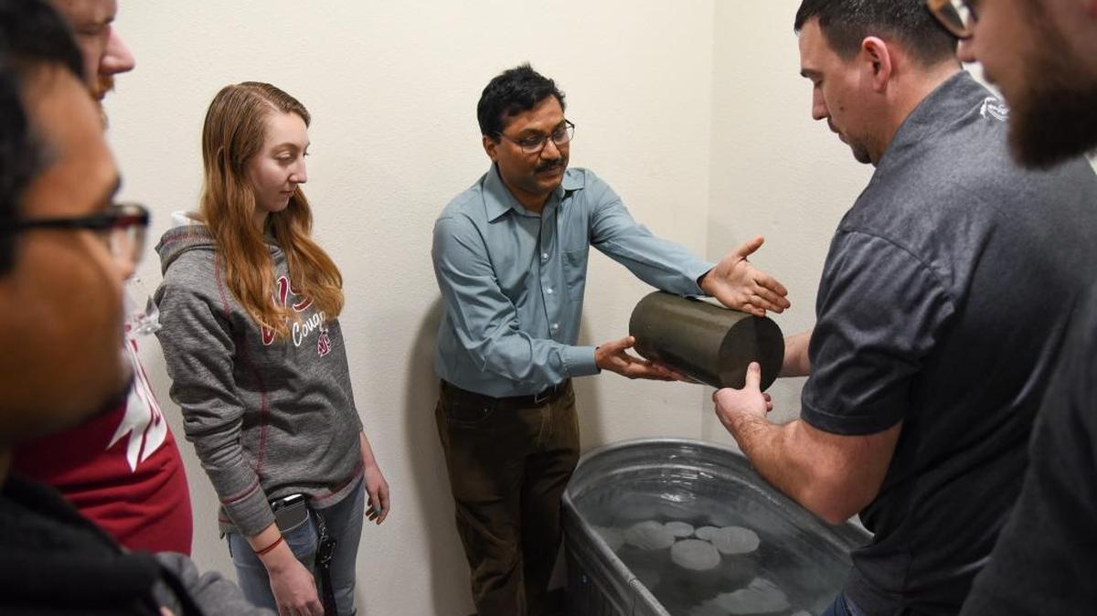 WSU Tri-Cities Professor Srinivas Allena and students work in the concrete lab with WRPS to develop ultra-high performance composite.