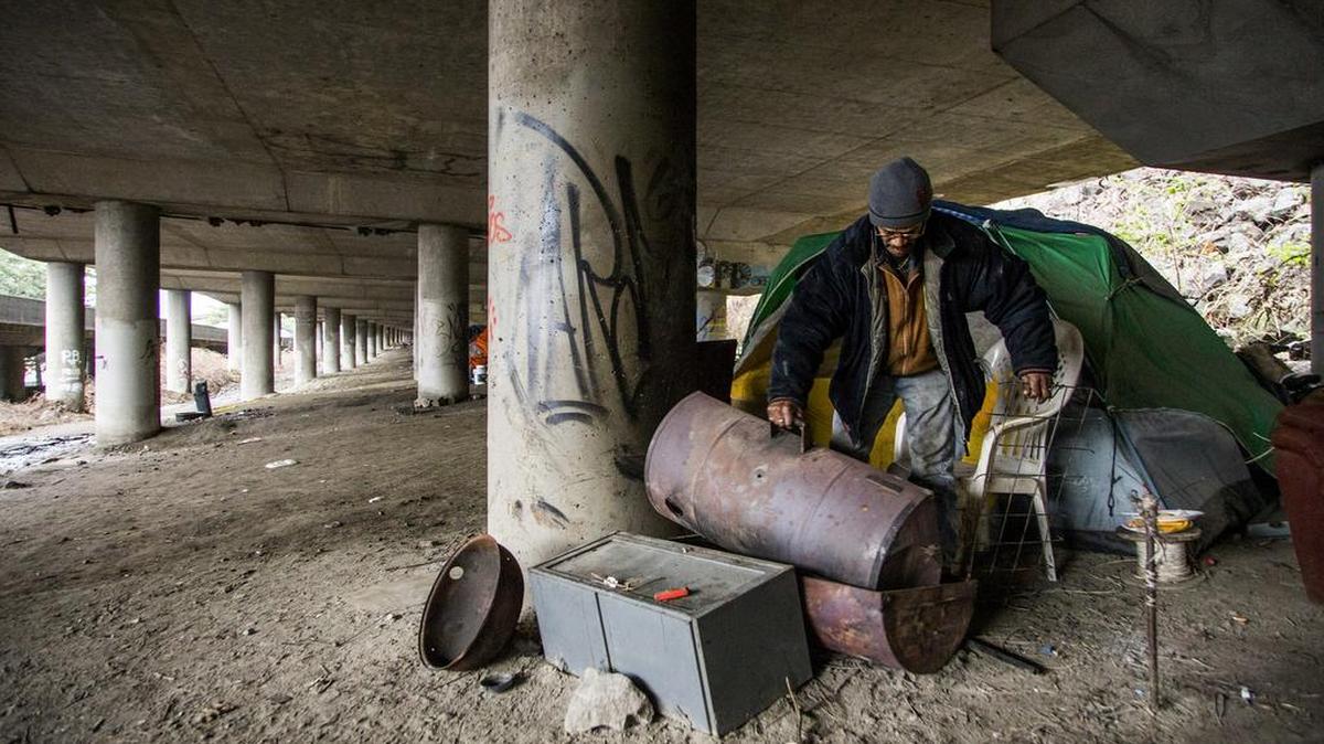 Mike Metchum, seen Feb. 14, lives under the I-5 bridge in downtown Seattle.