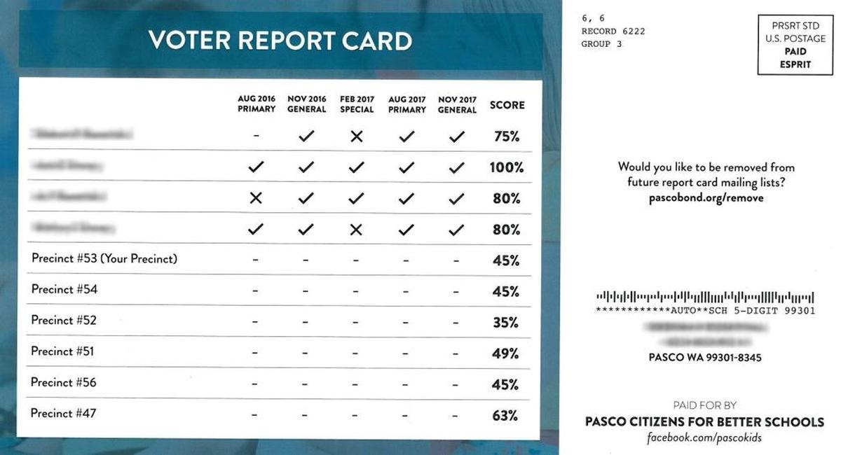 This is a sample of the mailer with names and addresses blurred for privacy. This one features one name and lists the records of nine “neighbors.” Other postcards from the citizen group were different.
