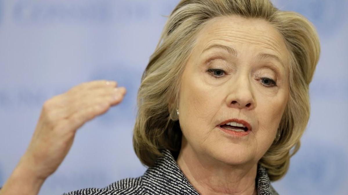 Former Secretary of State Hillary Clinton speaks to the reporters at United Nations headquarters in 2015.