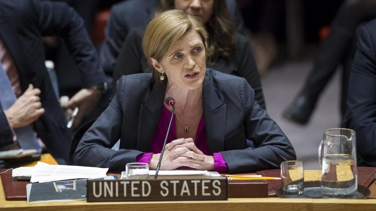 In this December 2016 photo provided by the United Nations, Samantha Power, the U.S. Ambassador to the United Nations under Obama, addresses the United Nations Security Council, after the council voted on condemning Israel’s settlements in the West Bank and east Jerusalem.