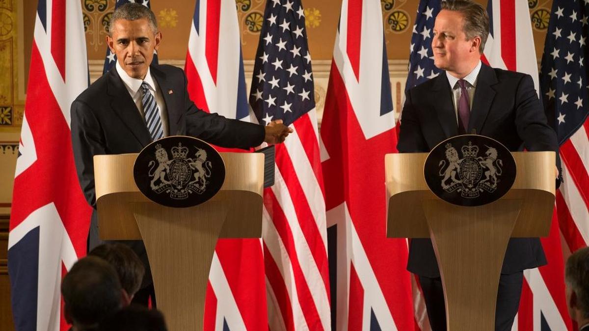 President Obama and British Prime Minister David Cameron field a question regarding an upcoming referendum on Britain’s membership of the European Union during a joint news conference at the Foreign and Commonwealth Office in central London.