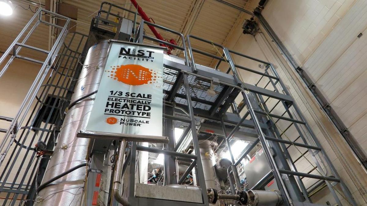 A one-third-scale model Of NuScale Power's 50-megawatt reactor is perched in a birdcage of steel girders in a nuclear test facility at Oregon State University.