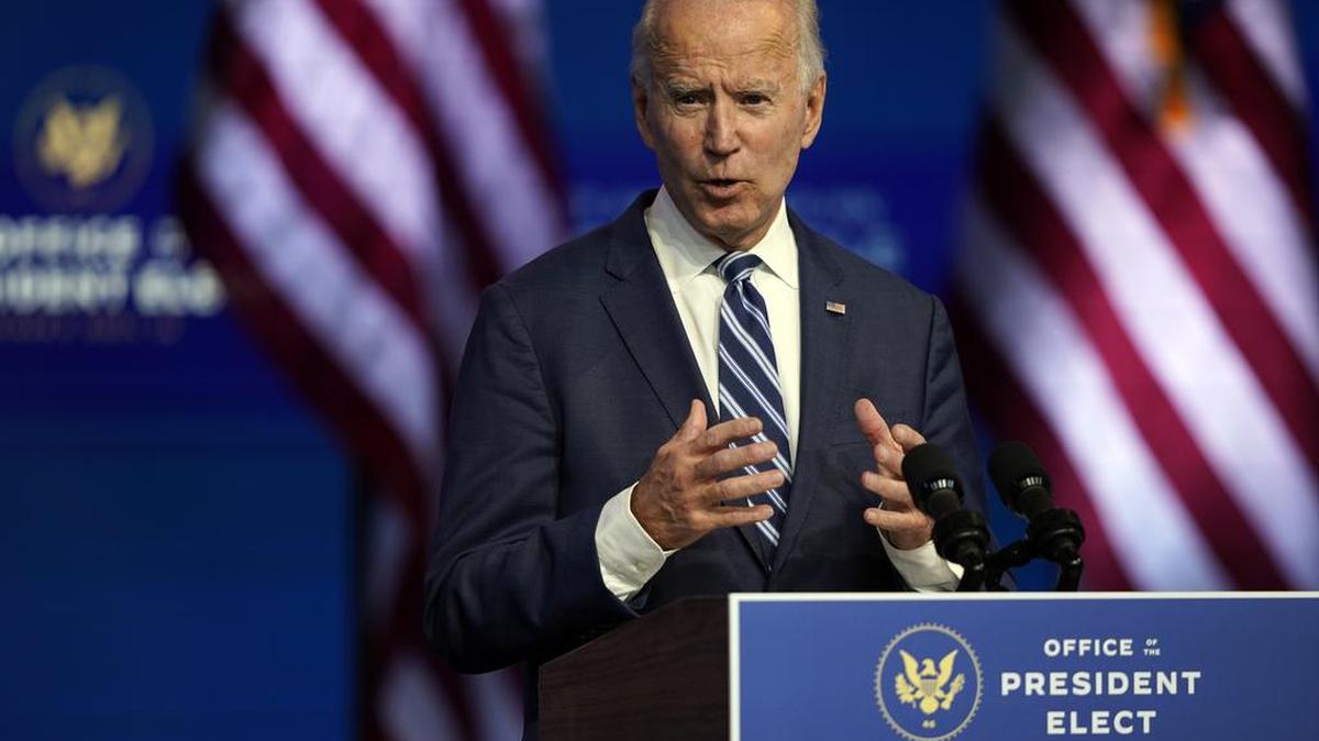 President-elect Joe Biden speaks Tuesday, Nov. 10, 2020, at The Queen theater in Wilmington, Del.