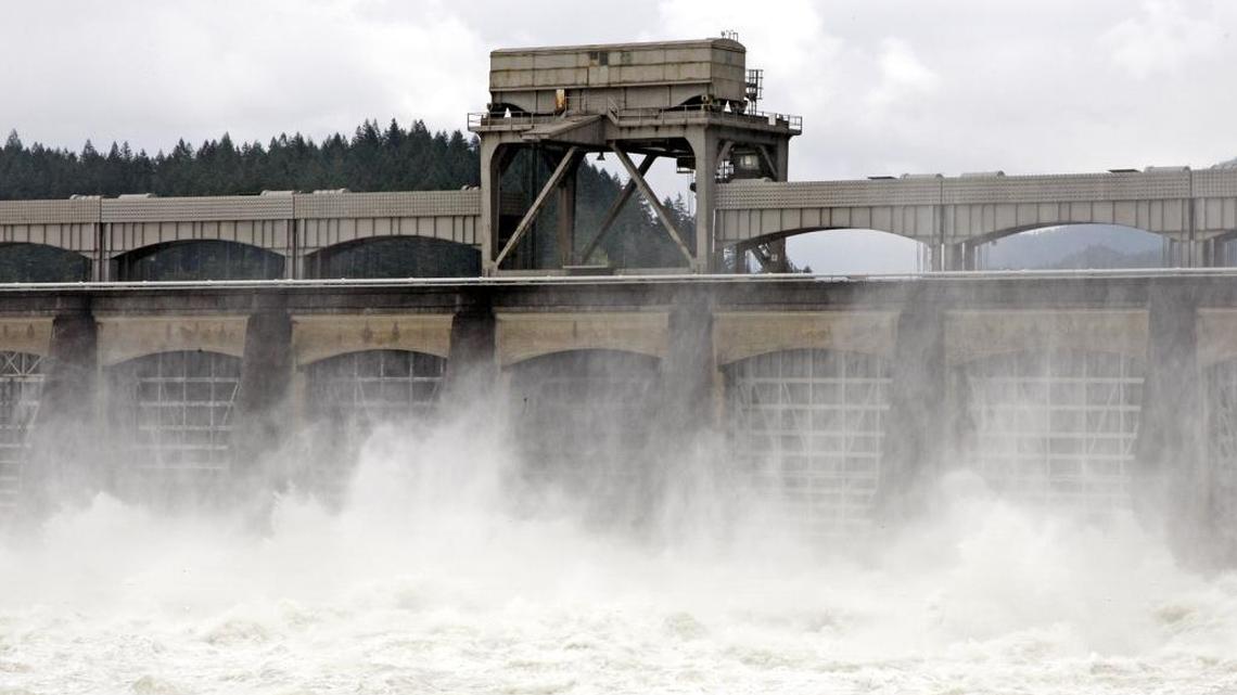 The Columbia River flowing through the Bonneville Dam, near Cascade Locks, Ore.