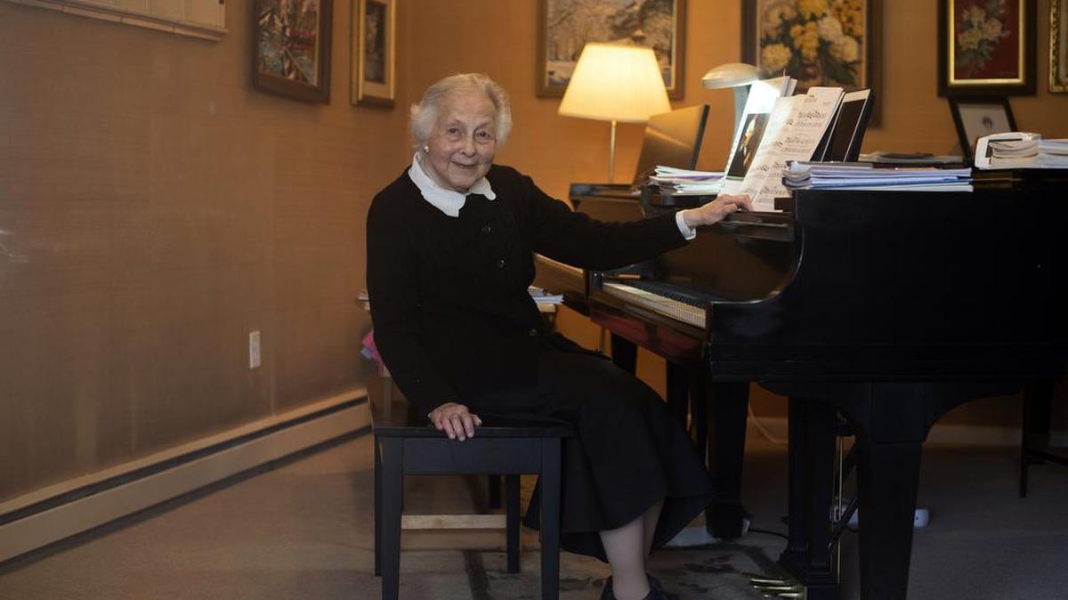 Cornelia Vertenstein, 93, at her home in Denver on May 8, 2020. Vertenstein, a Holocaust survivor, is still teaching piano lessons over FaceTime from her Denver home.