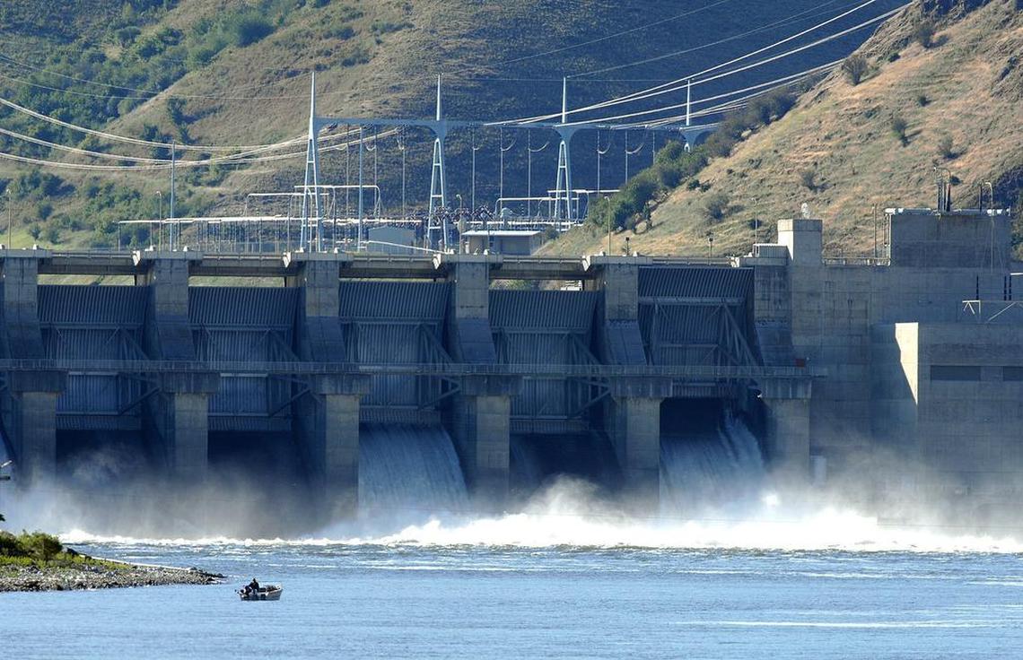 Water spills at Lower Granite Dam, one of the four dams on the lower Snake River in Eastern Washington.
