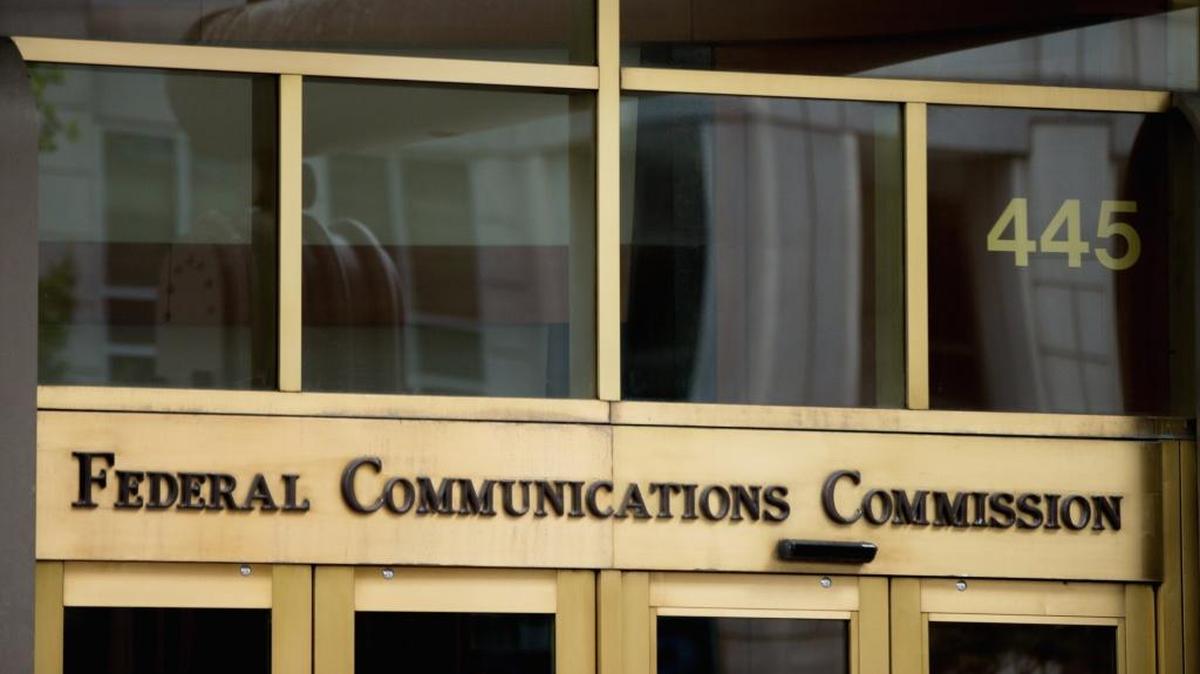 The entrance to the Federal Communications Commission (FCC) building.