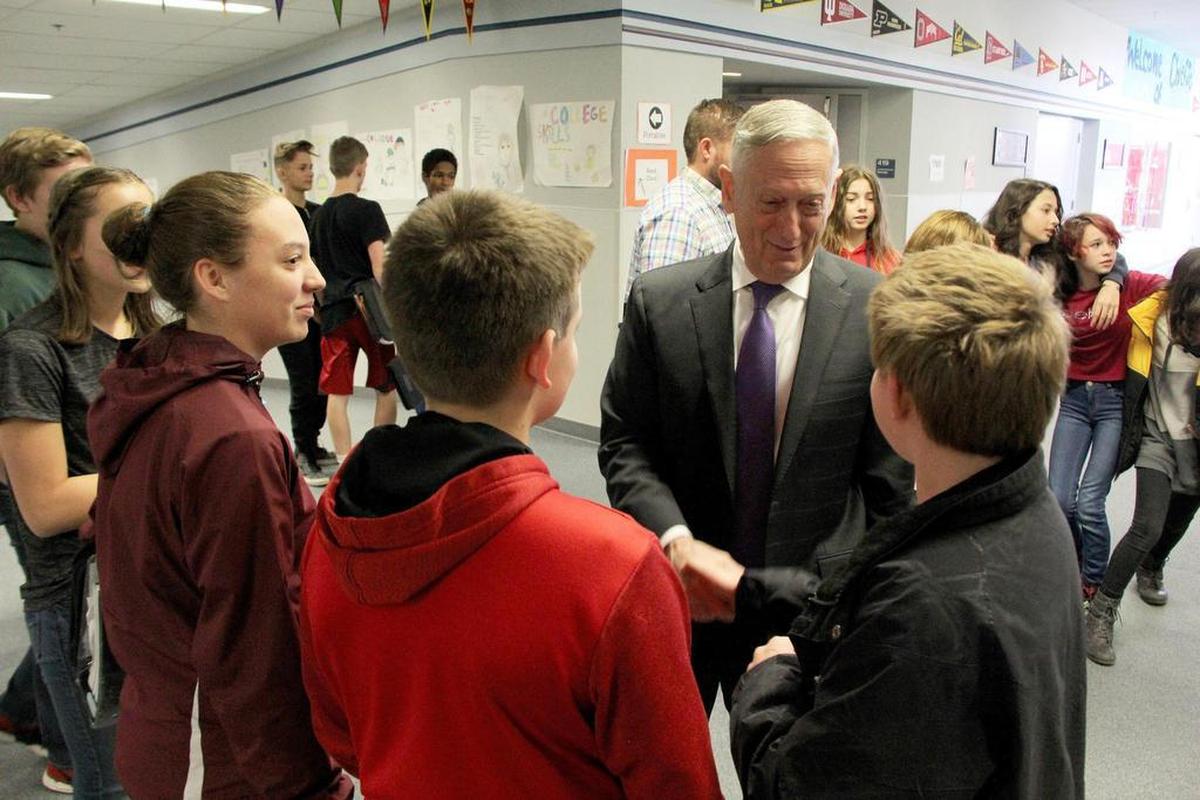 Former U.S. Secretary of Defense James Mattis spoke about America’s place in a dangerous world during a meeting in Pasco. In this file photo, Mattis meets with some Richland students.