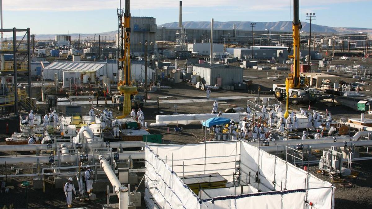 The tank farms in the center of Hanford store 56 million gallons of radioactive and hazardous chemical waste in underground tanks until the waste can be treated for disposal.