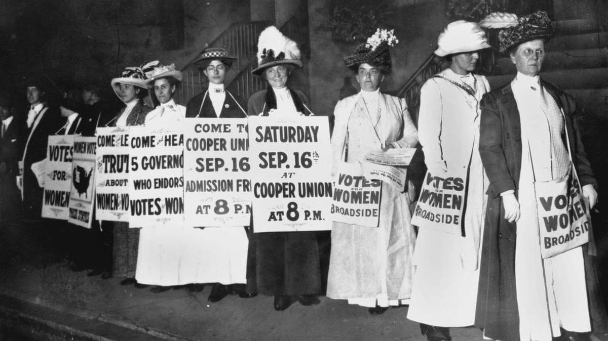 FILE - In this September 1916 file photo, demonstrators hold a rally for women's suffrage in New York. Women didn't gain the right to vote until ratification of the 19th Amendment in 1920.