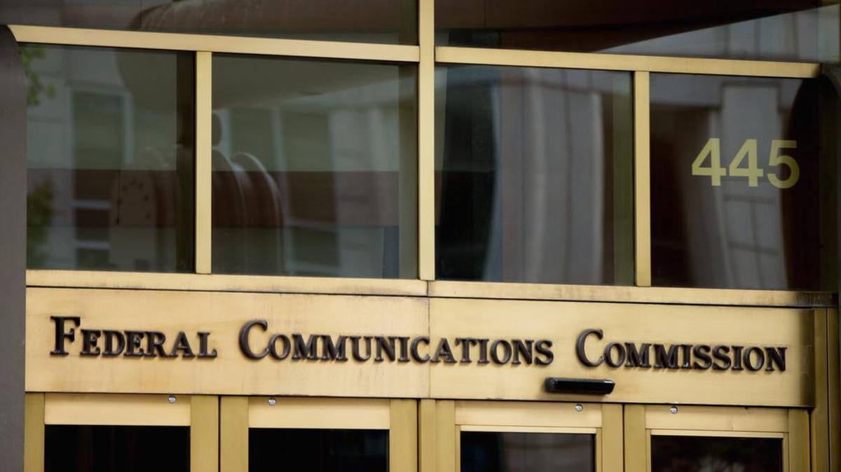 The entrance to the Federal Communications Commission (FCC) building in Washington, D.C.