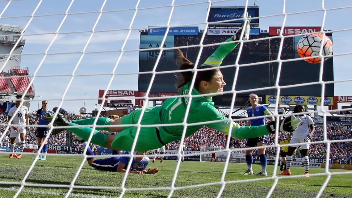 United States’ goalkeeper Hope Solo (1) blocks a shot against France during the first half of a SheBelieves Cup women’s soccer match Sunday, March 6, 2016, in Nashville, Tenn. The United States won 1-0. (AP Photo/Mark Humphrey)