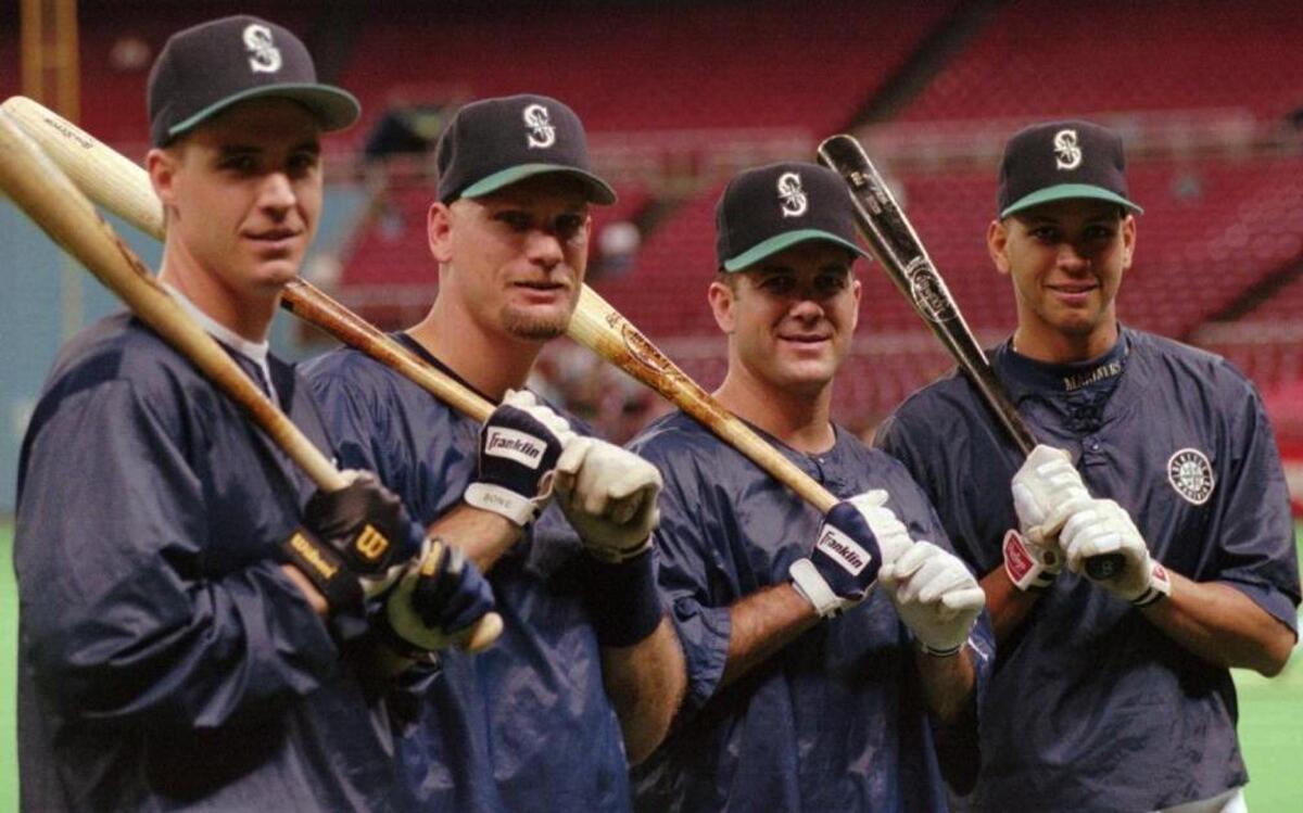 A list of all-time Seattle Mariner All-Stars much include, from left, catcher Dan Wilson, outfielder Jay Buhner, designated hitter Edgar Martinez and shortstop Alex Rodriguez, pictured here after being named to the 1996 All-Star Game. Not pictured was outfielder Ken Griffey Jr., the top vote getter that season but who sat out with a broken hand.