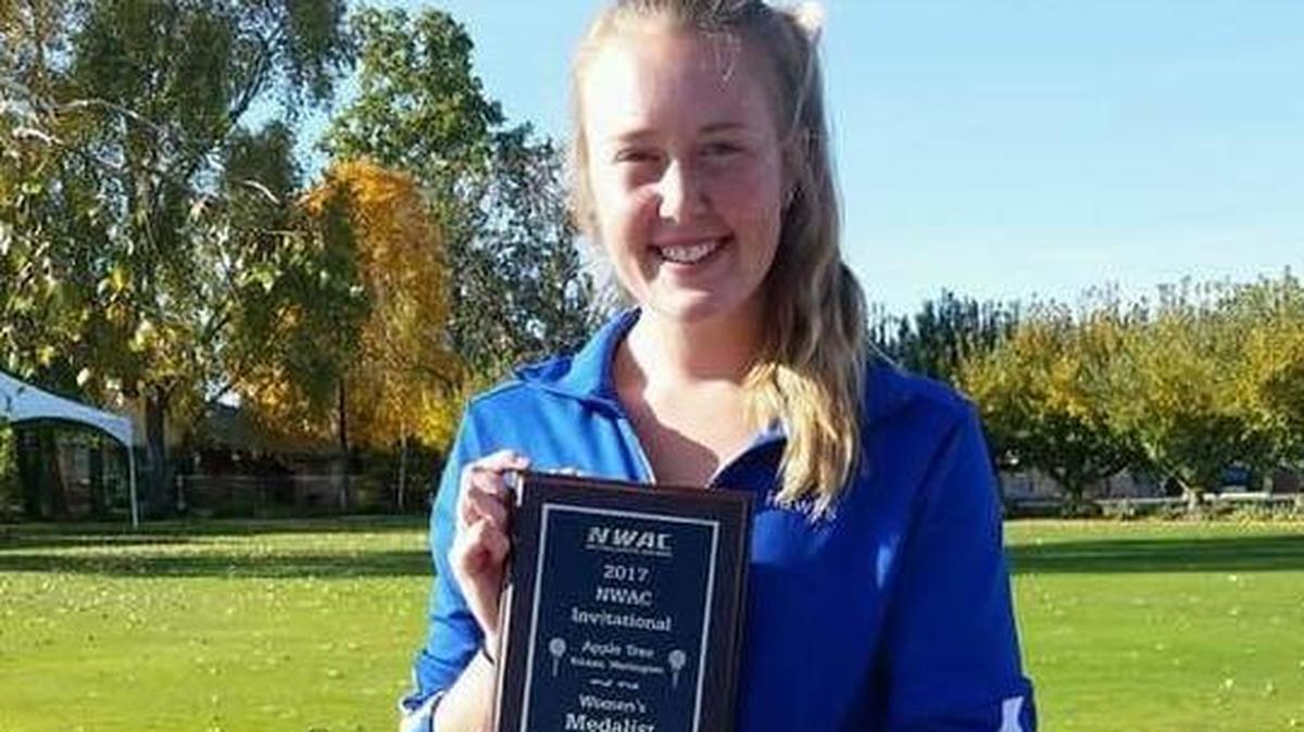 CBC golfer and Kamiakin graduate Brianna Esvelt poses with her medalist plaque after winning the 2017 NWAC Invitational on Monday at Apple Tree Golf Course in Yakima