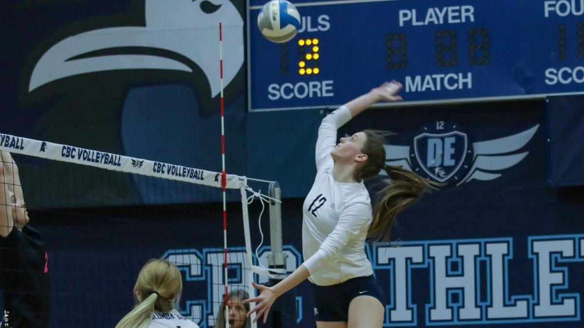 Columbia Basin College sophomore Kyrsten Whitmore goes up for a kill against Walla Walla Community College on Oct 13 in Pasco. Whitmore was a first-team East Region selection.