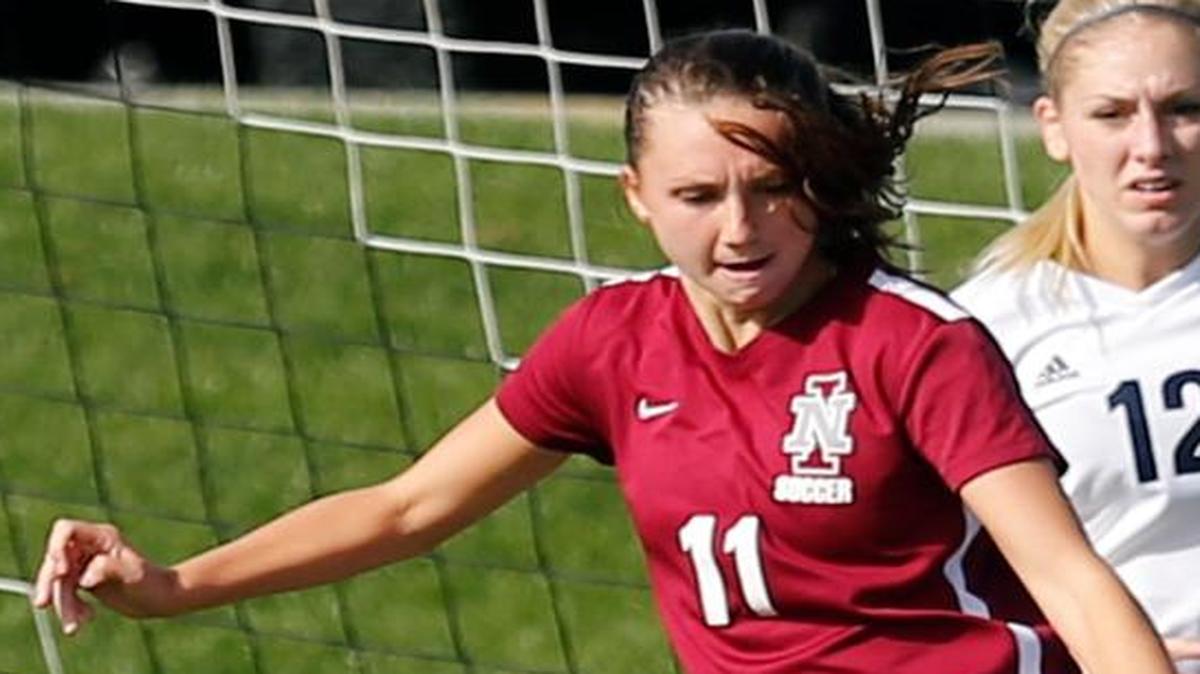 Columbia Basin College’s Stephanie Gibson blocks a shot on goal from North Idaho College’s Katelyn Sly (11) during Wednesday’s NWAC game at Columbia Basin College. See more photos at www.tricityherald.com.