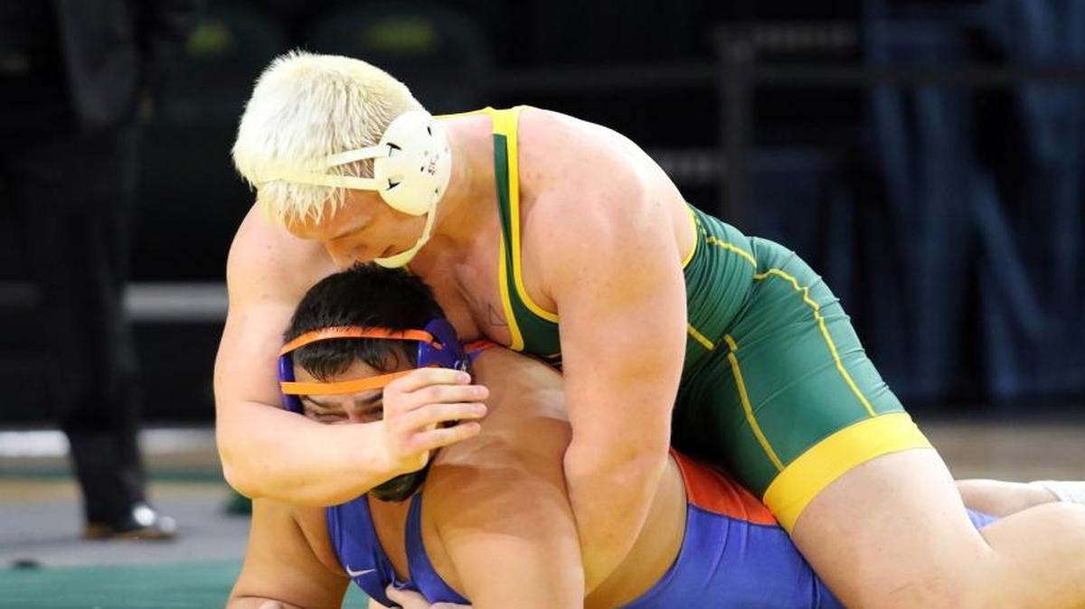 North Dakota State University’s Ben Tynan, top, wrestles against Gabriel Gonzalez from Boise State on Jan. 8, in Fargo, N.D. Tynan, a Hanford graduate, will compete at the NCAA Wrestling Championships starting Thursday in St. Louis, Mo.