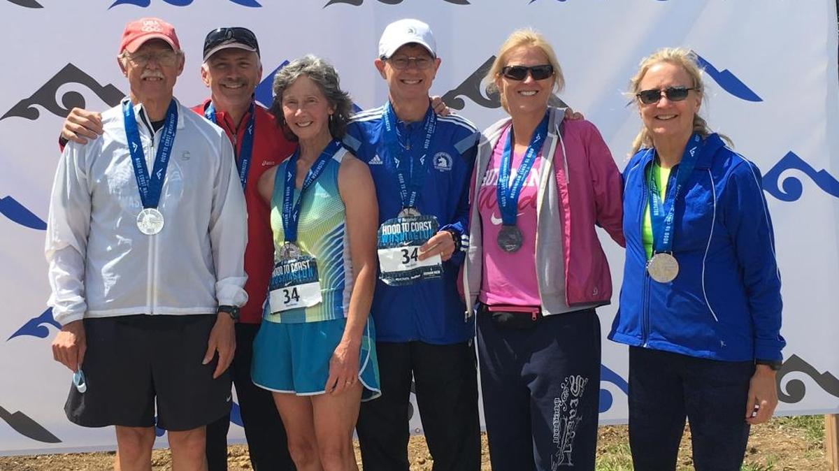 From left, Dana Ward, Mark Gerboth, Penny Colton, Dan Hansen, Laurie Gerboth and Ellie Hedel placed first in its age group and 25th overall in the Washington Relay Race, a spinoff of August’s traditional Hood to Coast Relay. The Tri-City runners, dubbed Van Haulin, competed against more than 300 teams on June 3 over a 77-mile course starting at Shafer State Park near Olympia. The average age of Tri-City runner was just over 60 years. Each team member ran two legs of the race.