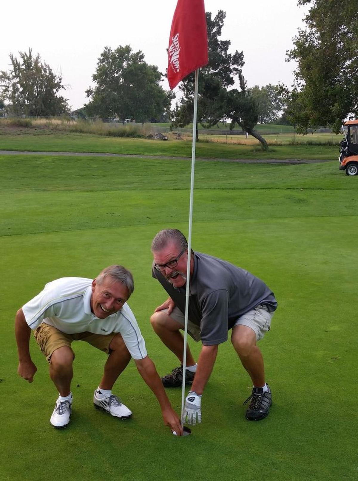 Dwight Rogers (left) and Dave Pierce hit back-to-back hole in ones Sept. 4 on Hole No. 2 at Sun Willows Golf Course in Pasco.