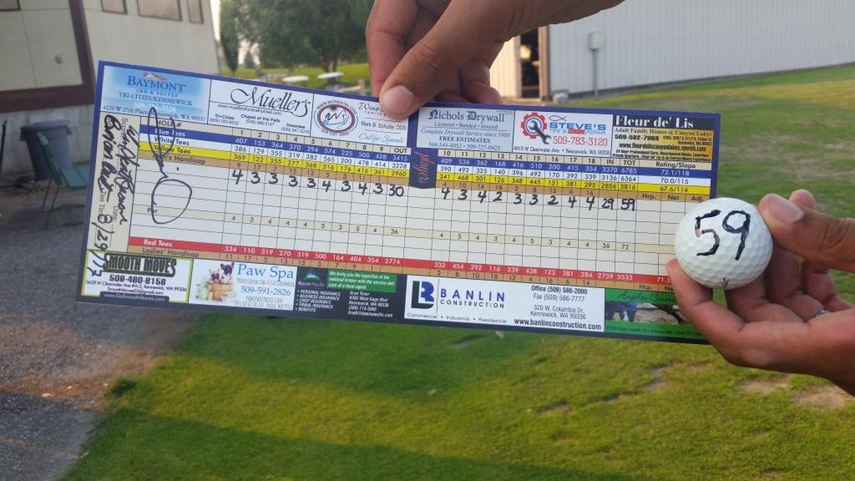Brian Barton’s scorecard from Aug. 29 when he scored a 59 at Sun Willows Golf Course in Pasco. Barton, who set a course record, had eagles on Holes 11 and 15.