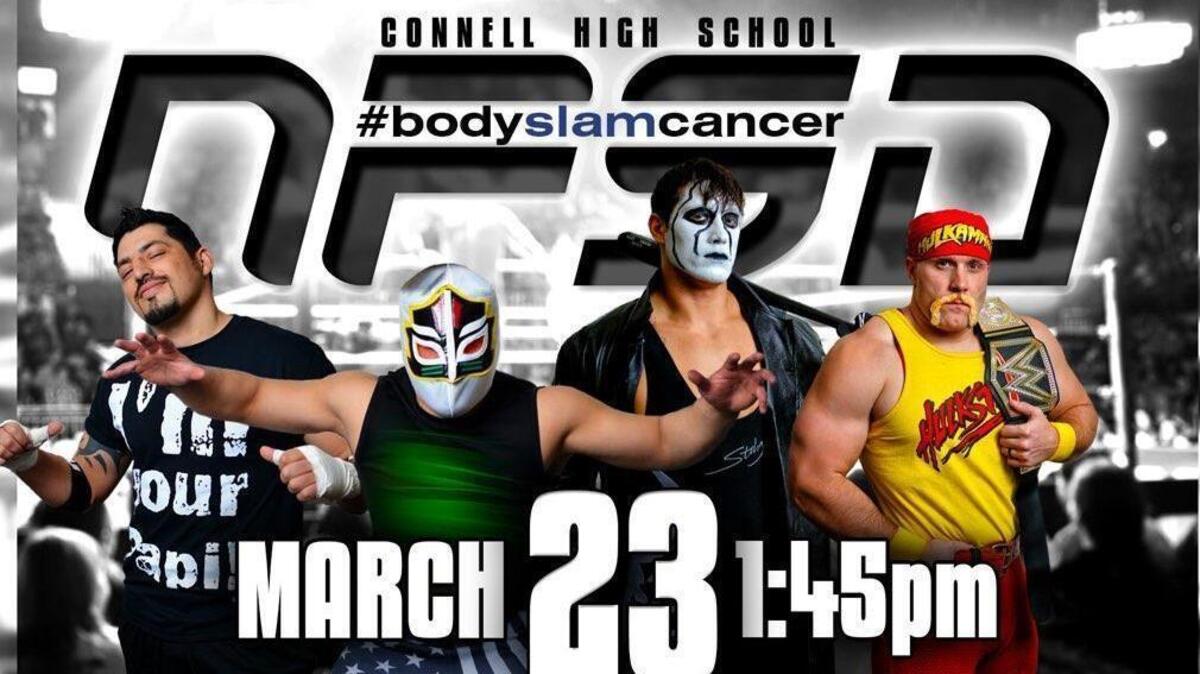 Connell wrestling coaches, from left JJ Magana, Hernan Serra, Seath Kimball and Scott Forsyth, will entertain students and the community at a school assembly Friday as a reward for raising more than $6,000 for Pennies for Patients.