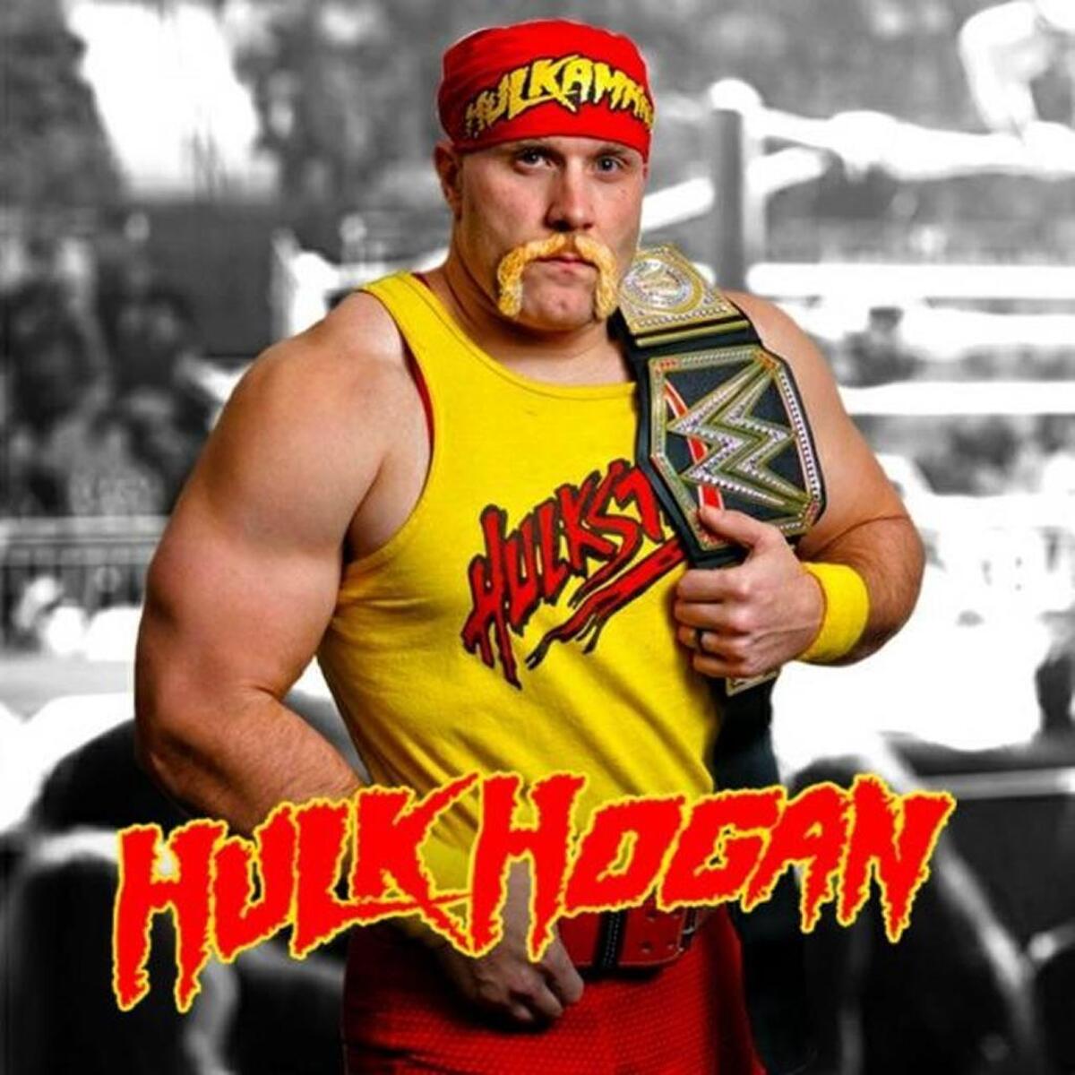 Scott Forsyth, as Hulk Hogan, along with fellow Connell wrestling coaches JJ Magana, Hernan Serra and Seath Kimball, will entertain students and the community at a school assembly Friday as a reward for raising more than $6,000 for Pennies for Patients.
