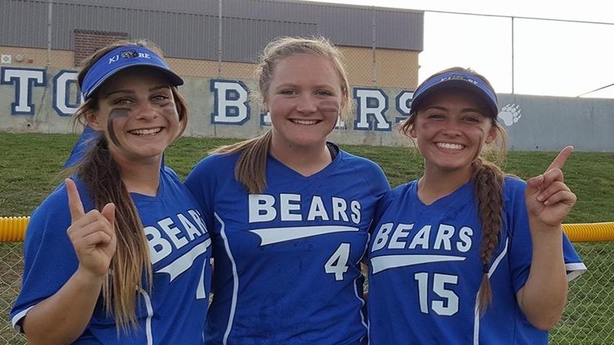 Kiona-Benton seniors, from left, Emily Thornton, Abby Pendergast and Momo Calzadillas smile after helping the Bears win their first SCAC East regular-season softball title. They will lead Ki-Be into this week’s Class 1A state tournament in Richland.