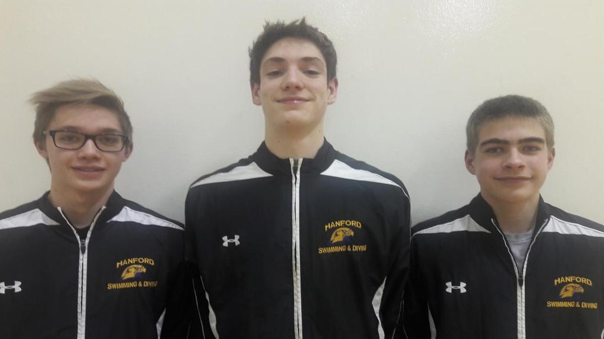 Hanford High School sophomores, from left, John Markillie, Skyler Younkin and Jack Elliott will swim at this weekend's Class 4A state meet in Federal Way.