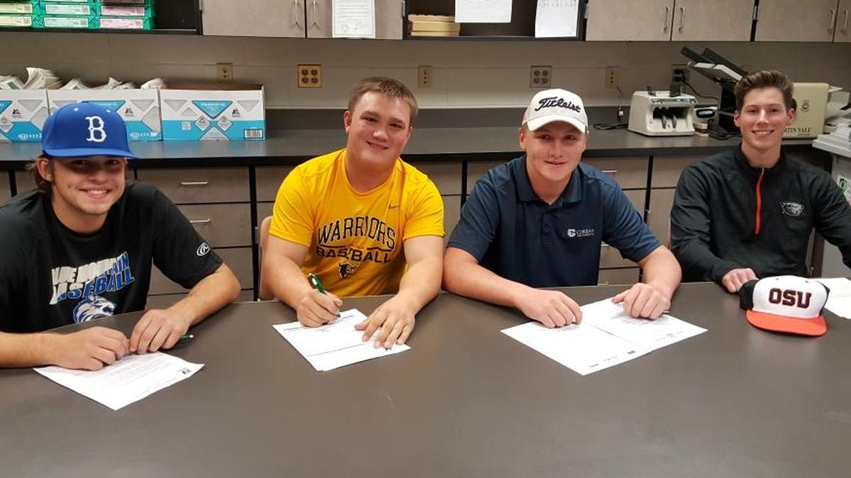 Southridge High School athletes (from left) Wyatt Hull (baseball, Blue Mountain), Lane Hailey (baseball, Walla Walla), Riley White (golf, Corban University) and Jake Harvey (baseball, Oregon State) signed their letters of intent Wednesday to play college sports.