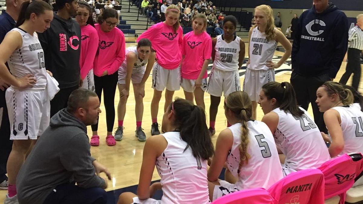 Chiawana girls basketball coach Steve Davis, crouched on the left, talks to his team during a timeout of the Riverhawks MCC game against the Kamiakin Braves on Friday at Chiawana High School. Chiawana won 67-60.