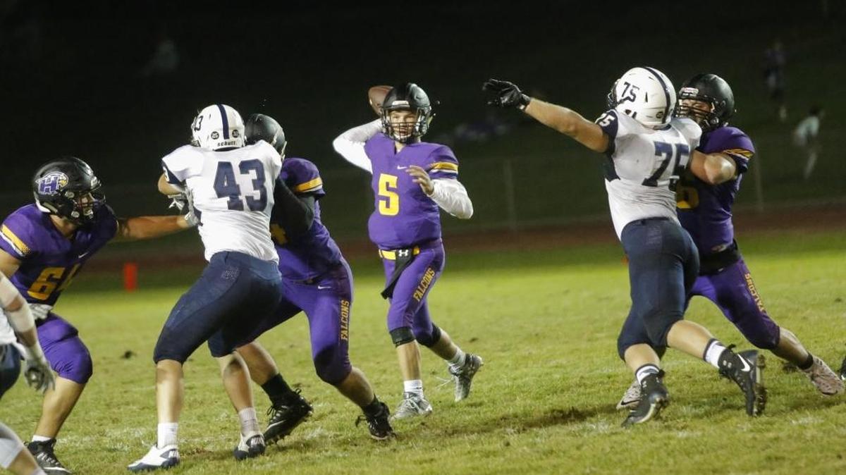 Hanford quarterback Garrett Horner, throwing a pass against Chiawana on Sept. 29, threw for 270 yards and four touchdowns Friday to help the Falcons snap a two-game losing skid with a 35-0 victory over Kennewick at Lampson Stadium