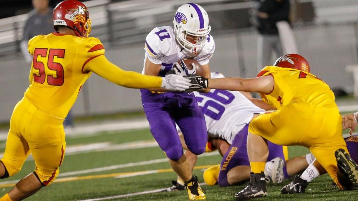 Hanford's Jared DeVine (11), running against Kamiakin on Sept. 29 at Lampson Stadium, carried the ball 24 times for 192 yards and two touchdowns to lead the Falcons to a 31-3 win over Pasco on Friday in an MCC game at Edgar Brown Stadium.