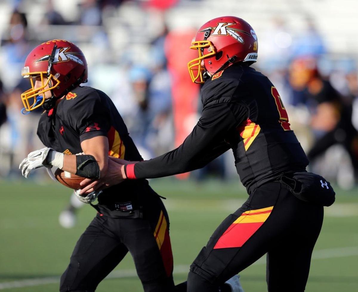 Kamiakin quarterback Payton Flynn (9) and running back Talmage Jacobson (4) sat behind two of the top players in the conference in QB Zach Borisch and RB Jethro Questad for the past couple seasons. Now as seniors, they will be looked to as catalysts in the Braves backfield.