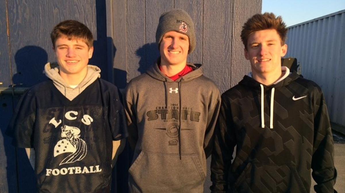 Brothers Jordan Godwin, left, and Cameron Godwin, right, are cousins to Mitch Godwin, center. All three play major roles for the Liberty Christian football team, which plays Almira/Coulee-Hartline at 4 p.m. Saturday in a 1B state semifinal game at Edgar Brown Stadium in Pasco.