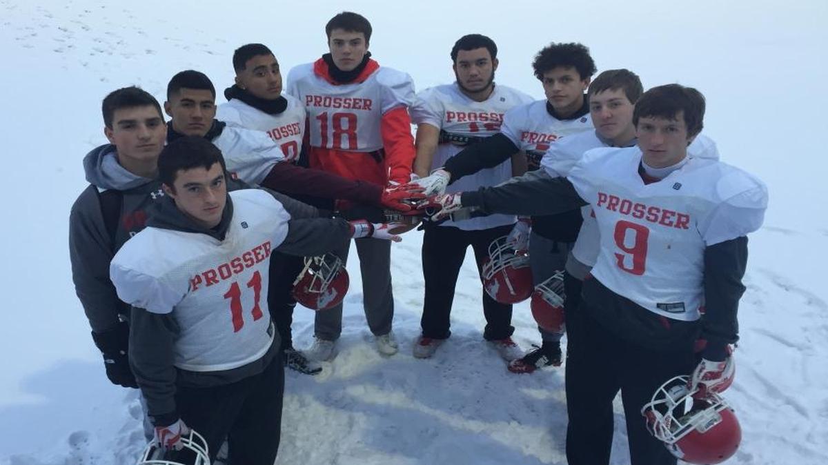 Prosser receivers (clockwise from bottom left) Logan Hamlin, Justin White, Luis Fernandez, Eddie Zepeda, Kason Blair, Javier Diaz, Roy Borrego, Ky Swift and Jay Dee Munn have all scored touchdowns in the Mustangs’ pass-happy offense.